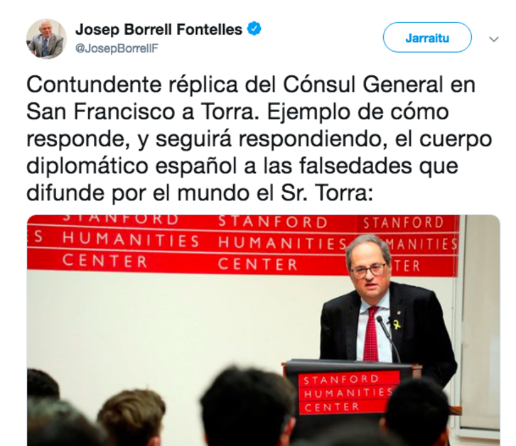 El tuit difundido por el ministro español de Exteriores.