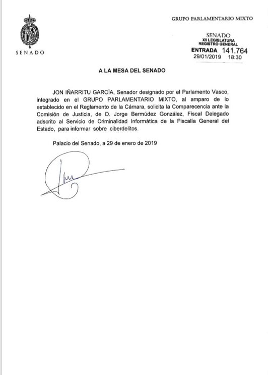 Registro de la convocatoria del fiscal en el Senado. 