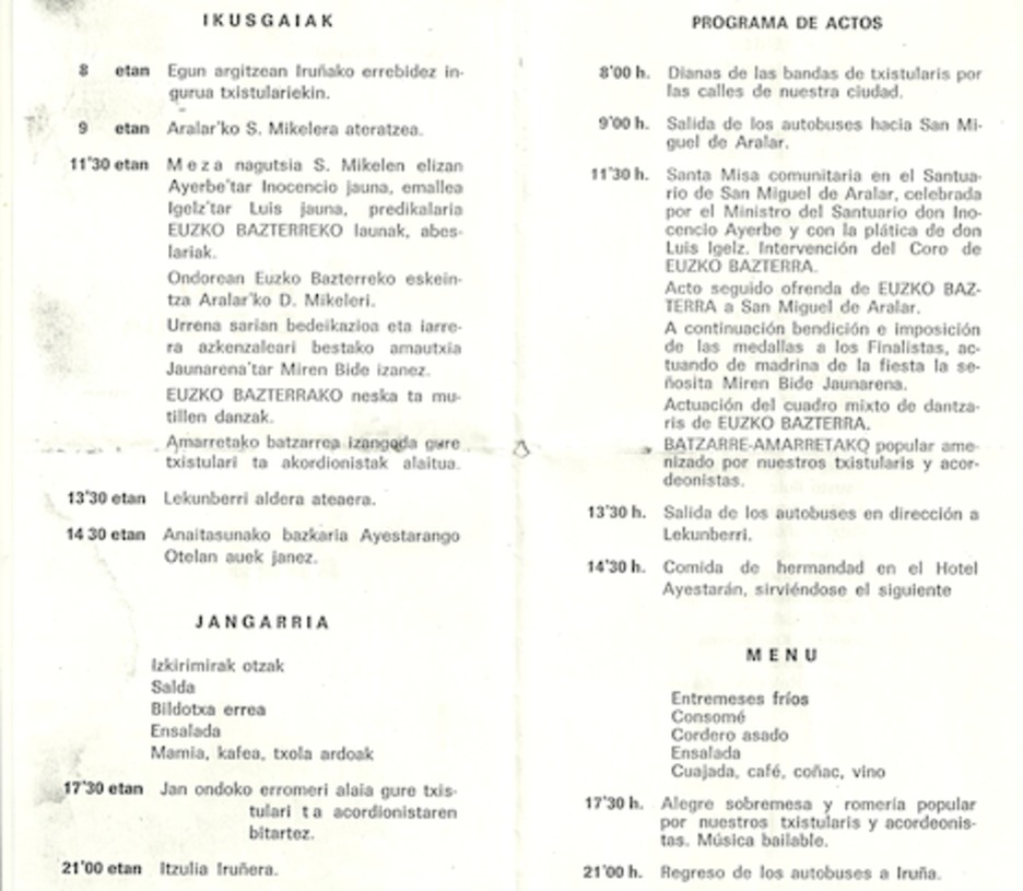 Programa de actos de la finalista de montaña de 1968. (Cedida EUSKO BAZTERRA)