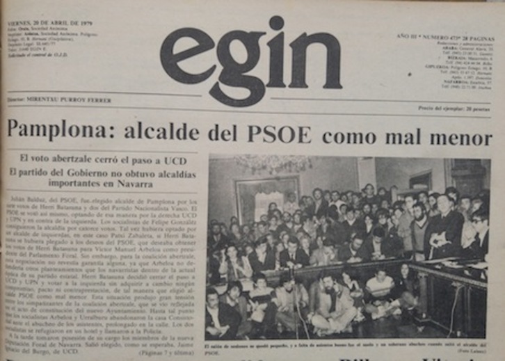 Portada de ‘Egin’ sobre la elección de Balduz como alcalde de Iruñea.
