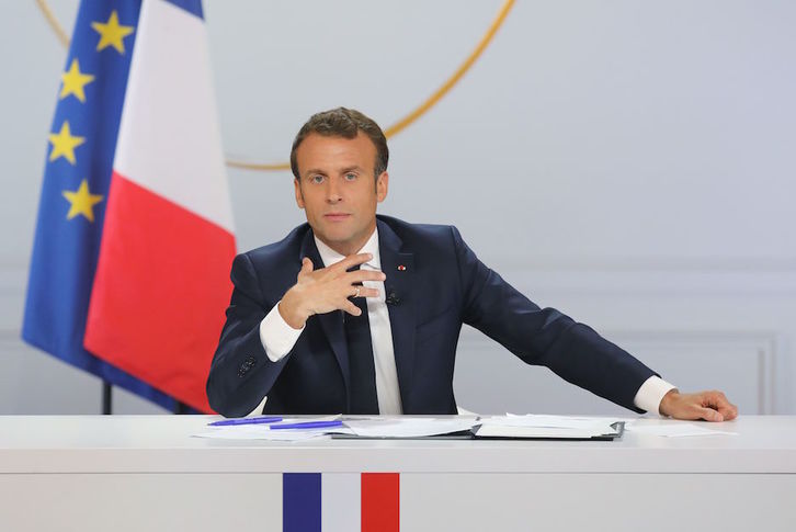 El presidente francés, Emmanuel Macron, durante su comparecencia. (LUDOVIC MARIN / AFP)