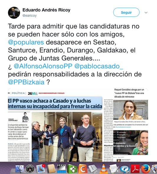 Uno de los tuit en los que se piden responsabilidades por la crisis del PP en Bizkaia.