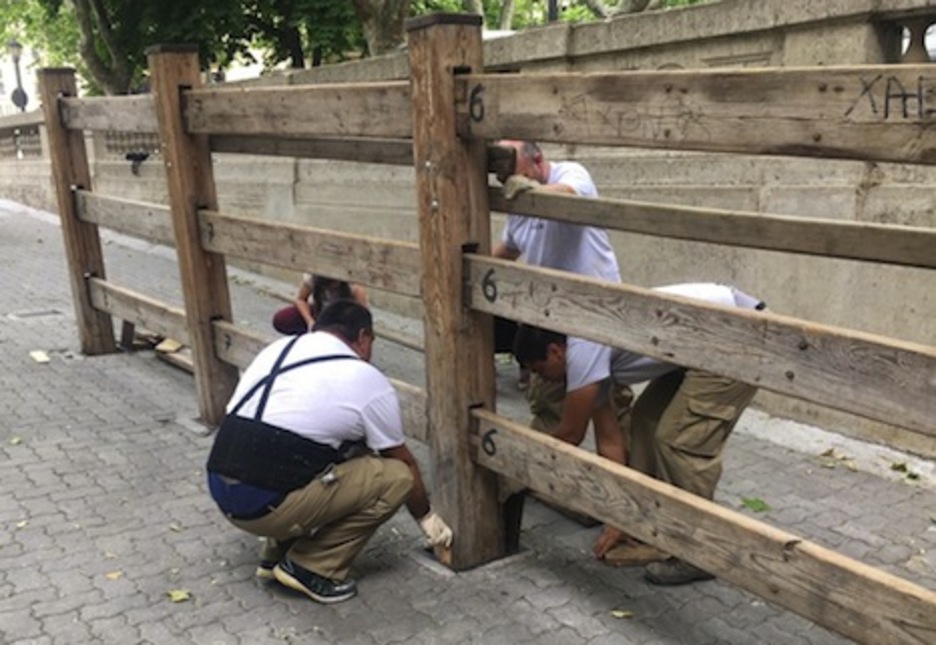 Unas cuñas de madera sirven para anclar definitivamente los postes en el suelo. Unas cuñas de madera sirven para anclar definitivamente los postes en el suelo.