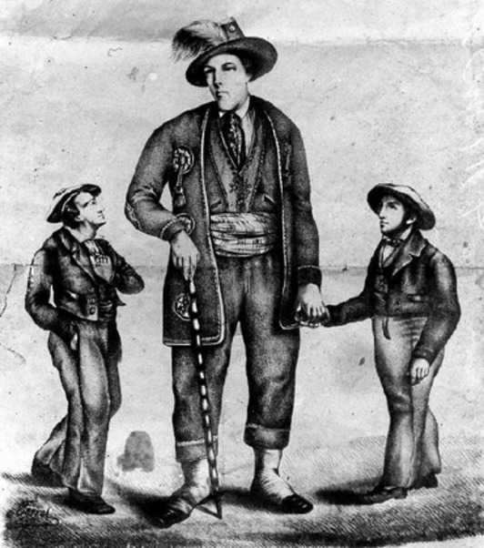 Migel Joakin Eleizegi, con su padre y su hermano, en un grabado de la época. (NAIZ)