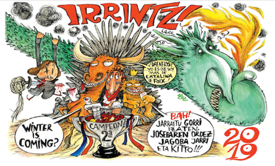 Irrintzi. Asiron es un particular dragón de ‘Juego de Tronos’, con el trono de hierro ocupado por un toro, un mozo y el león de Osasuna, que comentan el ascenso de los rojillos. Irrintzi. Asiron es un particular dragón de ‘Juego de Tronos’, con el trono de hierro ocupado por un toro, un mozo y el león de Osasuna, que comentan el ascenso de los rojillos.