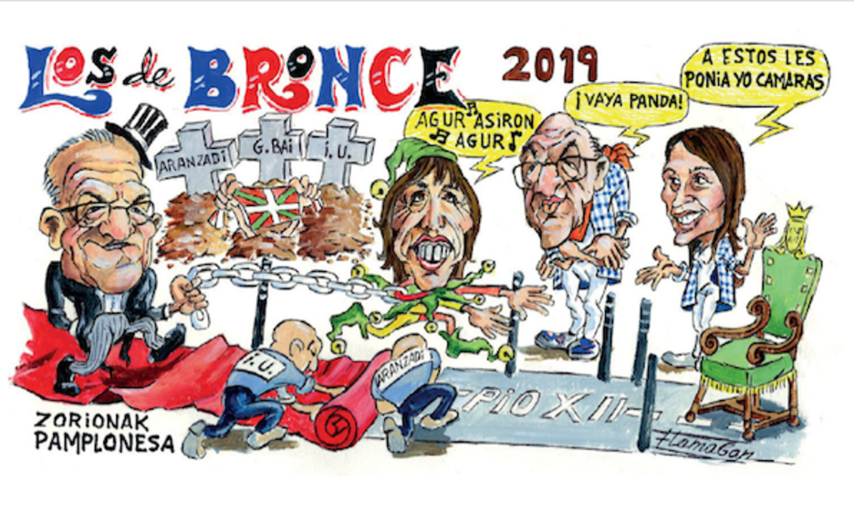 Los de Bronce. Maya pasea su particular bufona Esporrín por una avenida de Pío XII que lleva al sillón de Alcaldía. Al fondo se ven las tumbas electorales de Aranzadi, Geroa Bai e IU. Los de Bronce. Maya pasea su particular bufona Esporrín por una avenida de Pío XII que lleva al sillón de Alcaldía. Al fondo se ven las tumbas electorales de Aranzadi, Geroa Bai e IU.