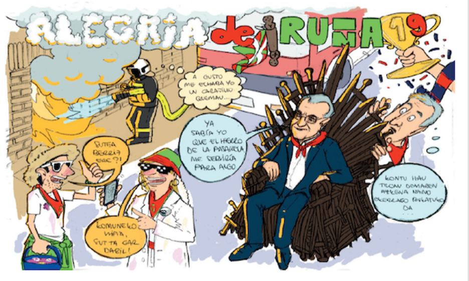 Alegría de Iruña. Maya aparece sentado en un trono de hierro hecho con la pasarela del Labrit. Y esta peña no ha dudado en hacer humor incluso con el incendio que sufrió en su sede recientemente. Alegría de Iruña. Maya aparece sentado en un trono de hierro hecho con la pasarela del Labrit. Y esta peña no ha dudado en hacer humor incluso con el incendio que sufrió en su sede recientemente.