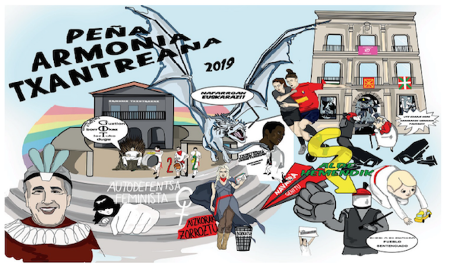 Armonia Txantreana. Asiron aparece vestido de Braulia junto a varias referencias a ‘Juego de Tronos’, además de Osasuna femenino y el gaztetxe Maravillas. Armonia Txantreana. Asiron aparece vestido de Braulia junto a varias referencias a ‘Juego de Tronos’, además de Osasuna femenino y el gaztetxe Maravillas.