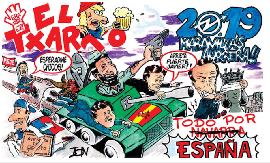 El Txarko. Un enorme tanque dirigido por el legionario Abascal avanza a toda máquina con Pedro Sánchez siguiéndolo en un triciclo. También tiene una referencia a Maravillas. El Txarko. Un enorme tanque dirigido por el legionario Abascal avanza a toda máquina con Pedro Sánchez siguiéndolo en un triciclo. También tiene una referencia a Maravillas.