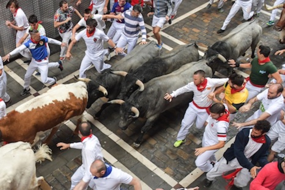 Cuatro morlacos avanzan en formación por la calle Estafeta. (Idoia ZABALETA/FOKU) Cuatro morlacos avanzan en formación por la calle Estafeta. (Idoia ZABALETA/FOKU)