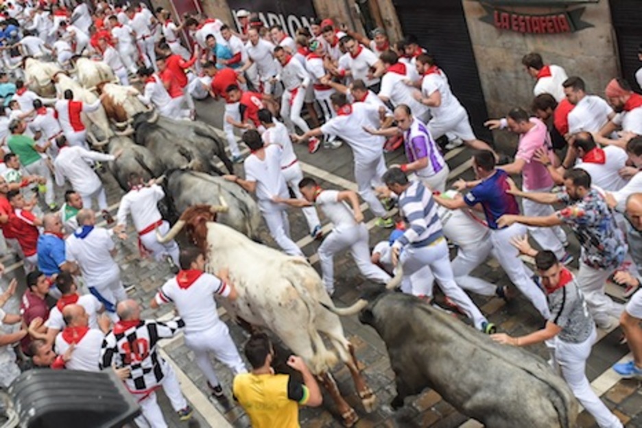 Una torada muy estirada va ascendiendo por Estafeta rodeada de corredores. (Idoia ZABALETA/FOKU) Una torada muy estirada va ascendiendo por Estafeta rodeada de corredores. (Idoia ZABALETA/FOKU)