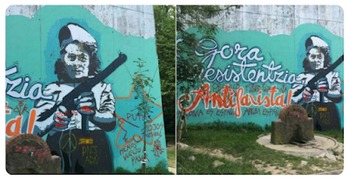 Pintadas aparecidas en el mural de Artxanda. (Sare Antifaxista)