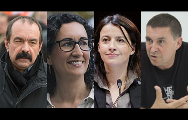 Martinez (CGT), Rovira (ERC), Duflot (ministro ohia) eta Otegi (EH Bildu), partehartzaileen artean.