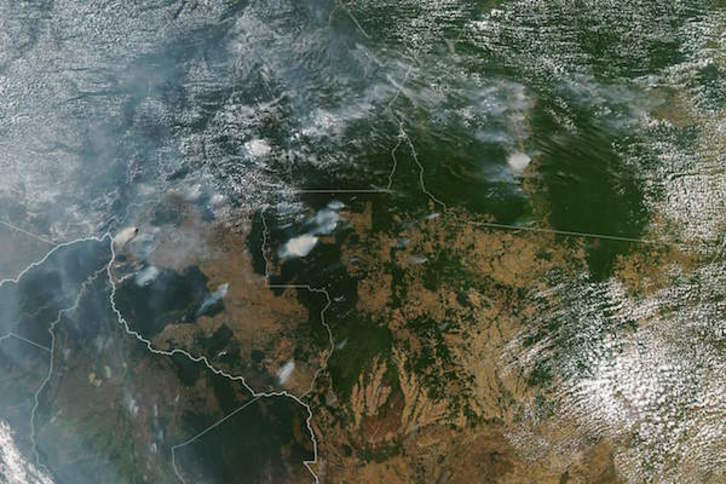 Imagen satelital de la NASA de hoy en la que se pueden observar varios focos de incendios en la selva amazónica de Brasil. (AFP)