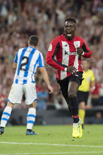 Iñaki Williams celebra su gol, que ha inaugurado el marcador. (Monika DEL VALLE/FOKU)