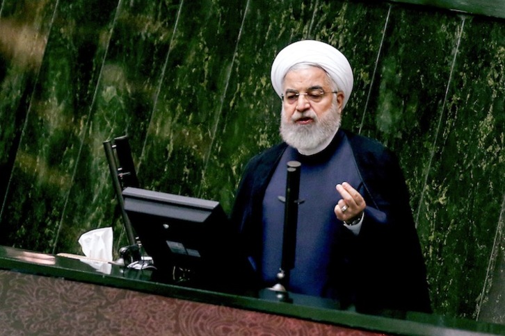 El presidente iraní, Hassan Rohani, durante su discurso ante el Parlamento. (Atta KENARE / AFP)