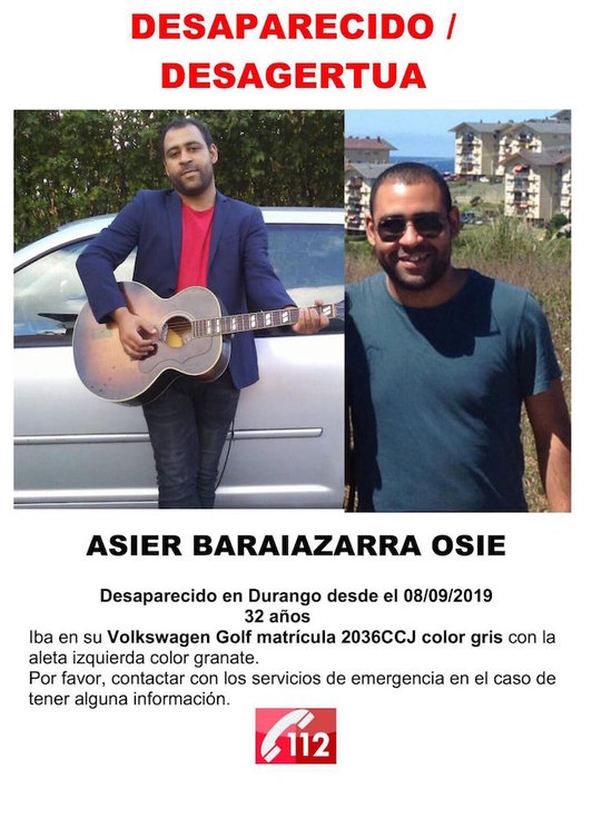 Cartel en el que se alerta de la desaparición de Asier Baraiazarra.