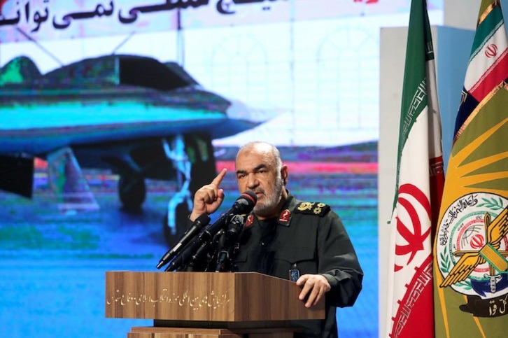 El comandante en jefe del cuerpo de élite de los Guardianes de la Revolución Islámica, el general Hossein Salami, durante su intervención. (Atta KENARE/AFP)