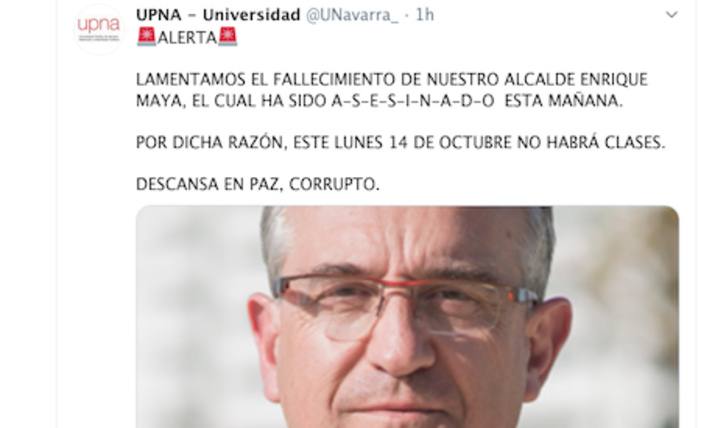 Imagen de la cuenta de Twitter de la UPNA hackeada con mensajes en contra de Enrique Maya.