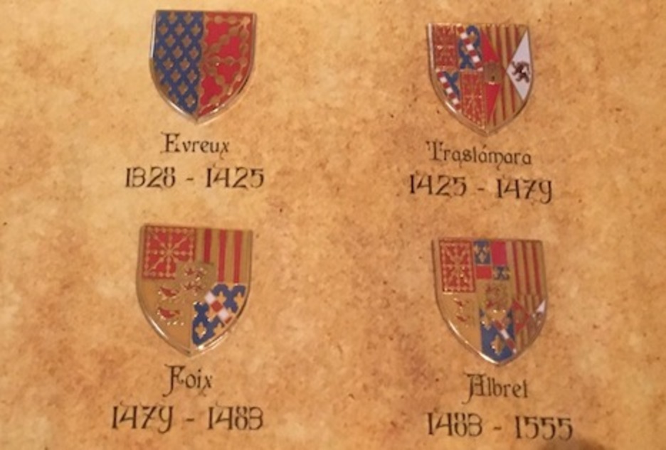Escudos de las cuatro últimas dinastías que gobernaron el Reino de Nafarroa.