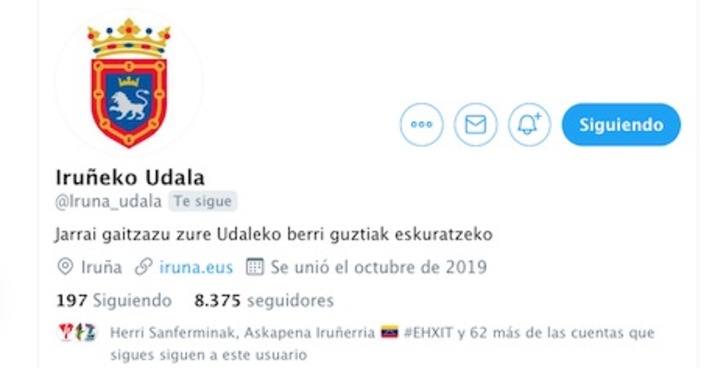 La cuenta de Twitter en euskara del Ayuntamiento de Iruñea ya ha superado al perfil en castellano.