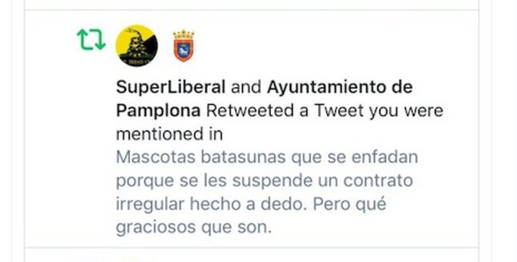 Imagen en la que aparece retuiteado el mensaje desde la cuenta oficial del Ayuntamiento de Iruñea.