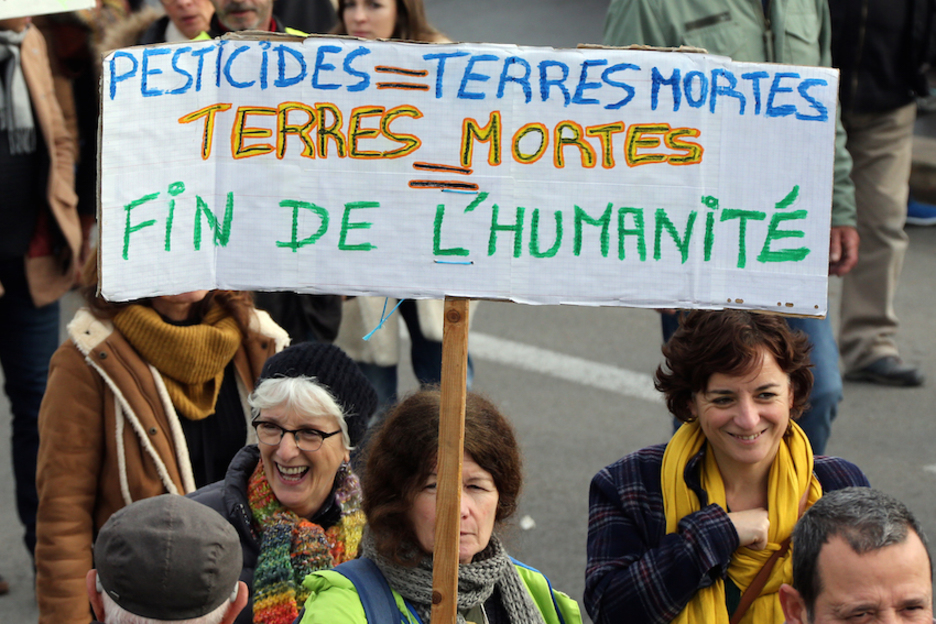 Au coeur du cortège, on pouvait lire des pancartes en faveur d’une agriculture plus verte et respectueuse. © Bob Edme