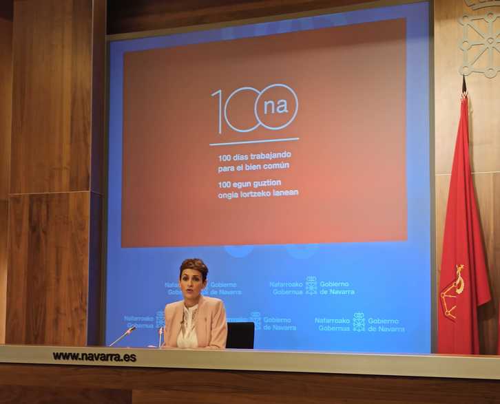 María Chivite, en su comparecencia para valorar los primeros 100 días de su Gobierno. (@GARA_rpascual)