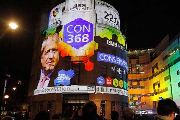 Los resultados de las encuestas de las televisiones británicas en el exterior de la sede de la BBC. (Tolga AKMEN/AFP)