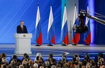Vladimir Putin, durante su discurso sobre el estado de la nación. (Shamil ZHUMATOV/AFP)