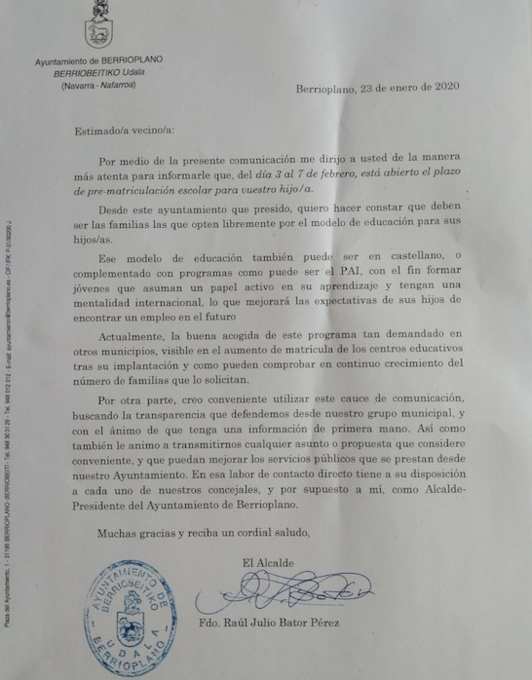 Carta enviada por el alcalde de Berriobeiti. (@Ehbilduberriobe)