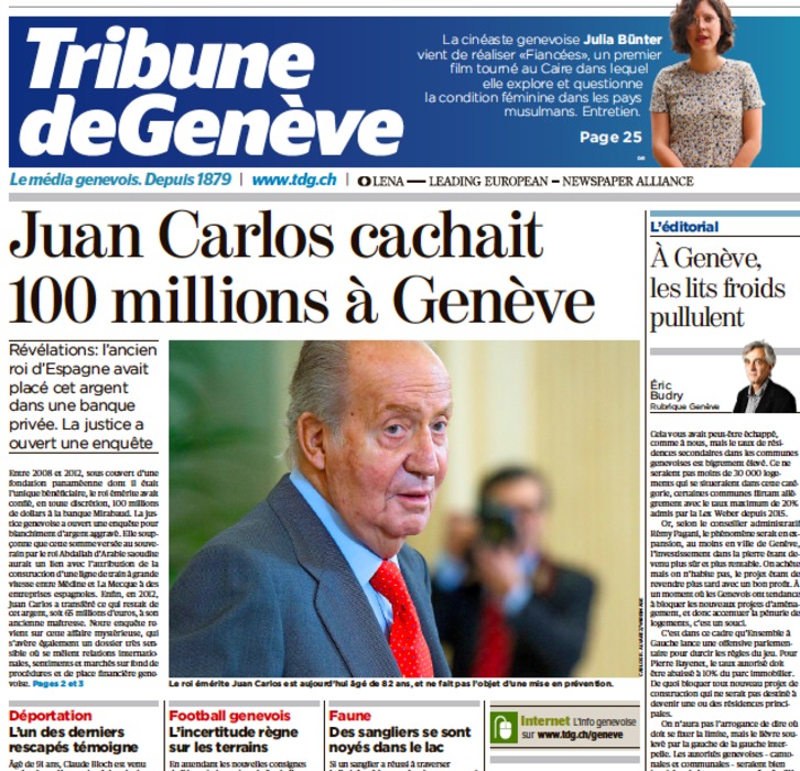 Portada de ‘Tribune de Genève’ en la que se apunta que «Juan Carlos escondía 100 millones en Ginebra». 