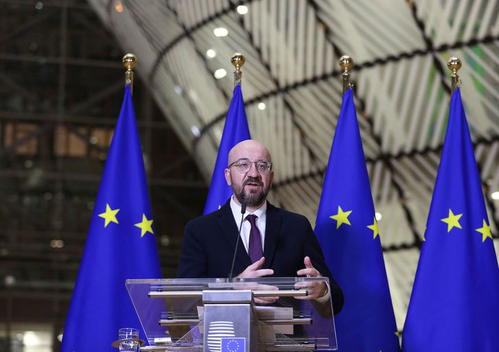 El presidente del Consejo Europeo, Charles Michel, en la rueda de prensa posterior a la reunión de los Veintisiete. (François WALSCHAERTS/AFP)
