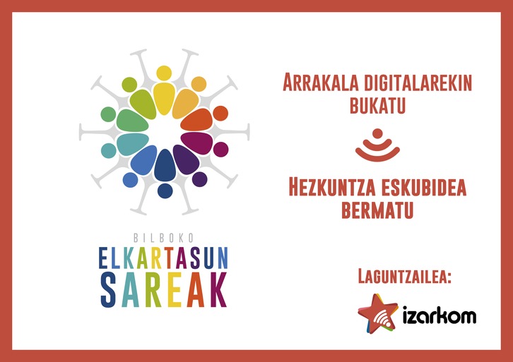 Bilboko elkartasun sareak Izarkom-en laguntzarekin SIM txartelak banatzeko aurrera eraman duen ekimena azaltzeko zabaldutako kartela.