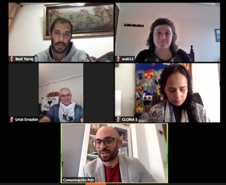 Los participantes desde Euskal Herria, Palestina y Colombia en el seminario online organizado por Paz Con Dignidad.