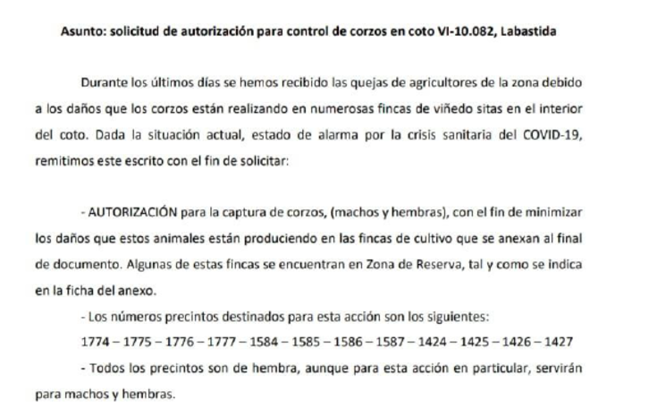 Fragmento de la solicitud tramitada por los cazadores. (Ekologistak Martxan)