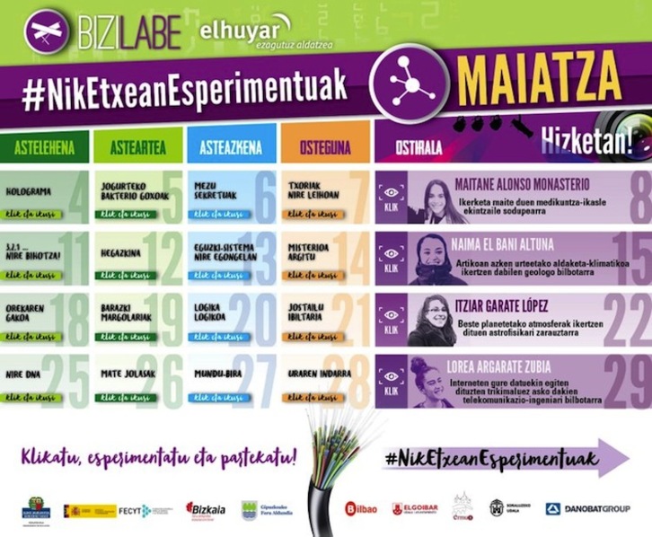 Elhuyarren maiatzeko egutegia, etxean egiteko esperimentuekin. (ELHUYAR)