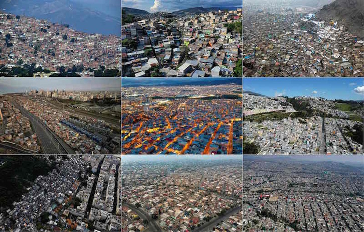 Vista aérea de barriadas de Caracas, Tegucigalpa, Lima, Buenos Aires, Bogotá, Quito, Río de Janeiro, Baja California y el Estado de México. (Alfredo ESTRELLA/AFP)