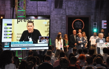 Arnaldo Otegi se «cuela» desde una pantalla en la comparecencia del PNV, el domingo noche. (I.U.)