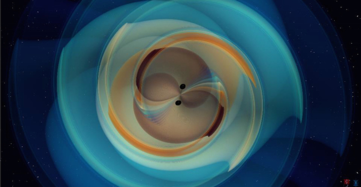 Imagen del instituto Max Planck que simula un sistema binario de agujeros negros. (A.BUONANO/AFP)