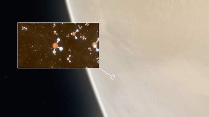 Recreación de moléculas de fosfina junto a una imagen de Venus. (L.CALCADA/AFP)
