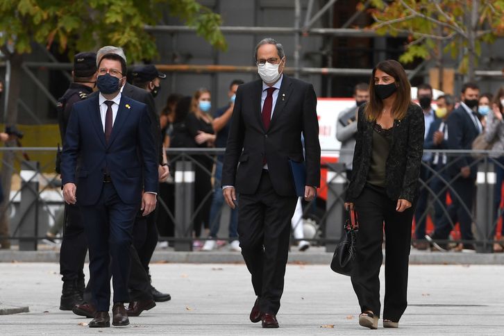 Torra llega al Supremo junto al vicepresident Aragonès y la consejera Budó. (Pierre Philippe MARCOU | AFP)