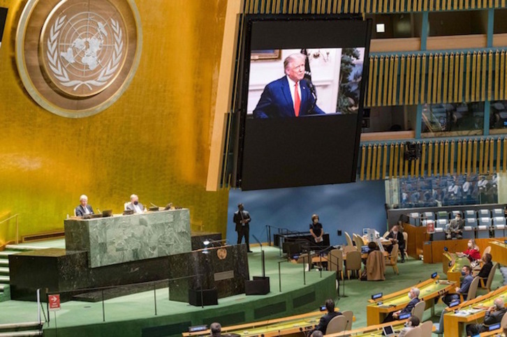 El presidente de EEUU, Donald Trump, en su mensaje enviado por vídeo a la Asamblea General de la ONU. (Rick BAJORNAS/AFP)