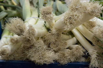 Manojos de puerros en un mercado. (Andoni CANELLADA / FOKU)