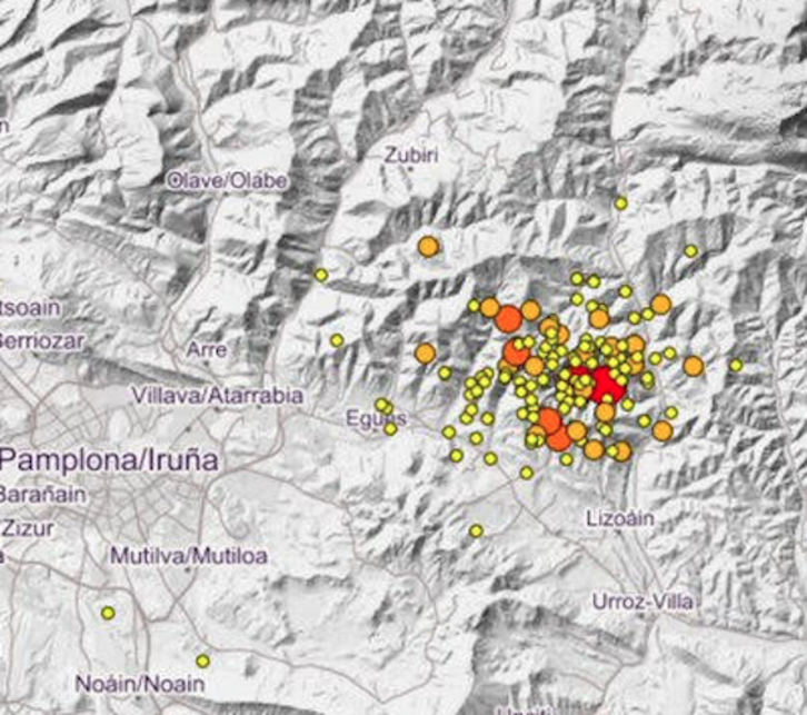 Mapa con los temblores registrados esta noche. (NAIZ)