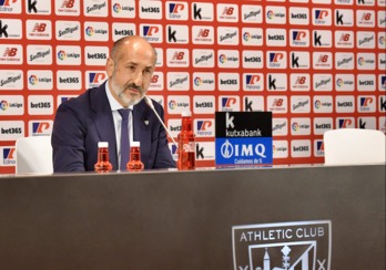 Elizegi durante la comparecencia celebrada en San Mamés. (ATHLETIC CLUB)