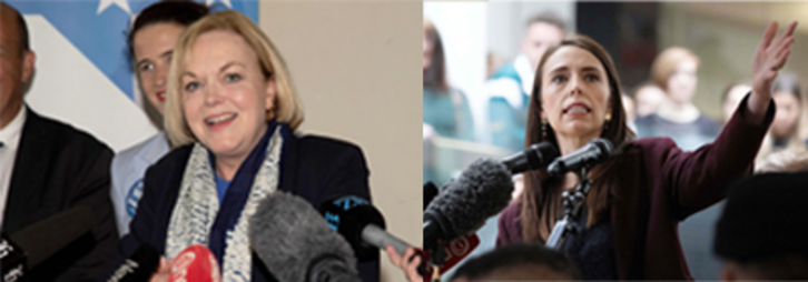 La dura líder conservadora Judith Collins y la progresista primera ministra, Jacinda Ardern, quien parte como favorita. (Marty MELVILLE / AFP)