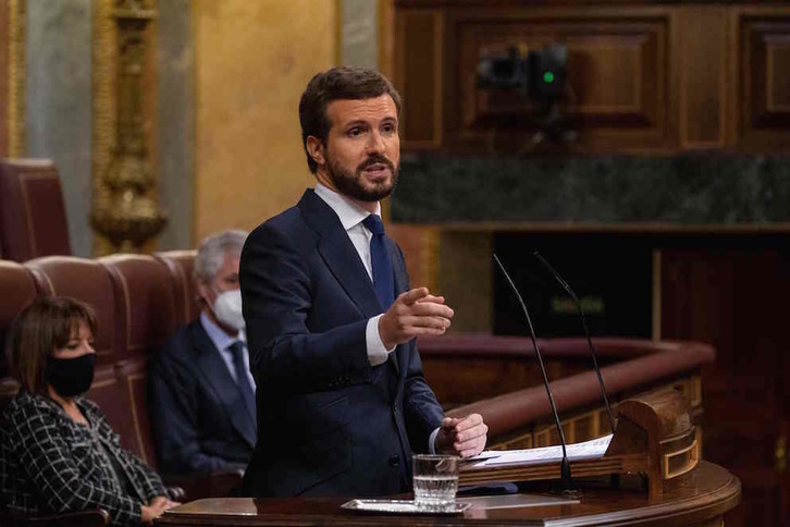 Pablo Casado, durante su intervención en el debate sobre la moción de censura de Vox. (Pablo BLÁZQUEZ/AFP)