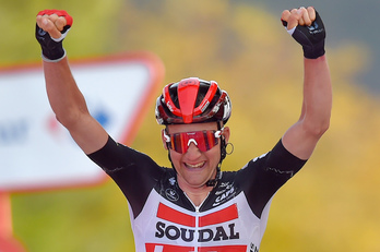 Tim Wellens ha sido el más fuerte de la fuga en el repecho final. (Ander GILLENEA/AFP) 