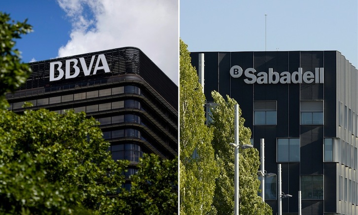 Sedes del BBVA en Madrid y de Sabadell en  Sant Cugat del Vallès. (Dani POZO - Josep LAGO | AFP)
